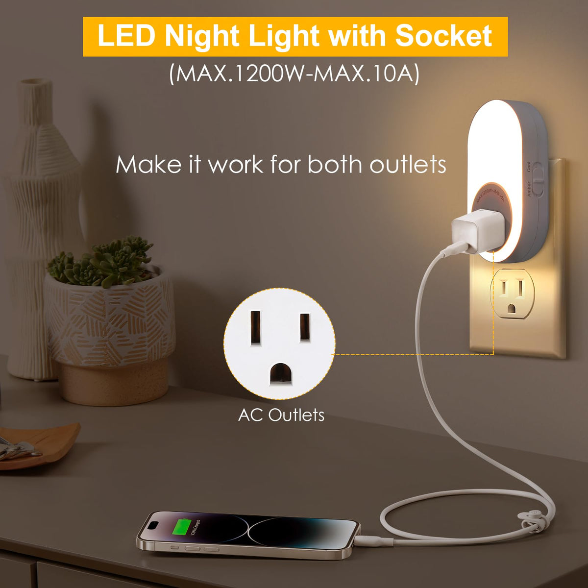 Dawnrise Night Lights Plug Into Wall, Dusk to Dawn Sensor Night Light with Power Outlet, CCT 2200K or 4000K, 5Lm or 20Lm Adjustable Brightness for Bedroom, Kitchen, Living Room, Office, 2PK
