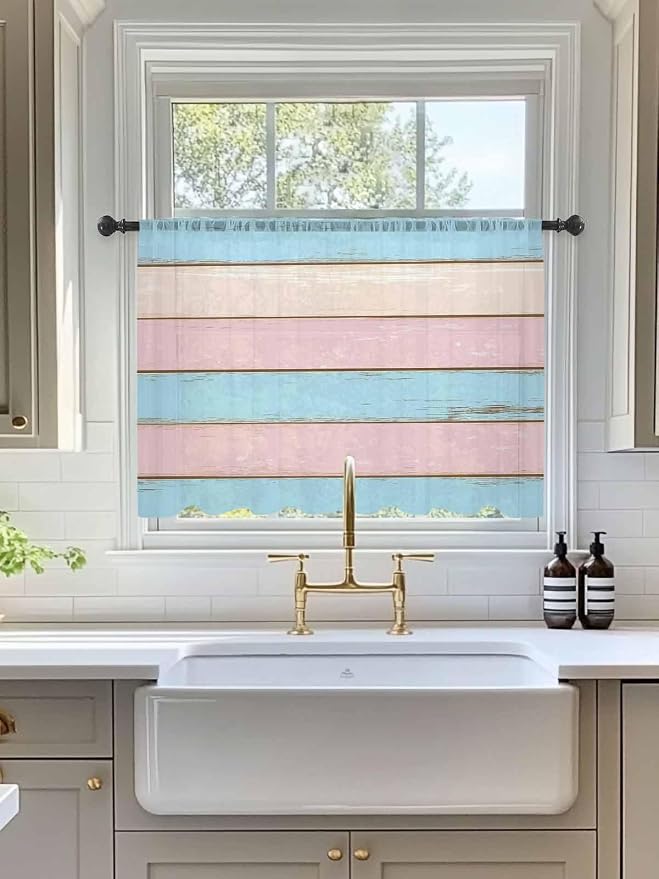 Sheer Curtains 54 Inch Length, Farmhouse Country Shabby Striped Privacy Voile
