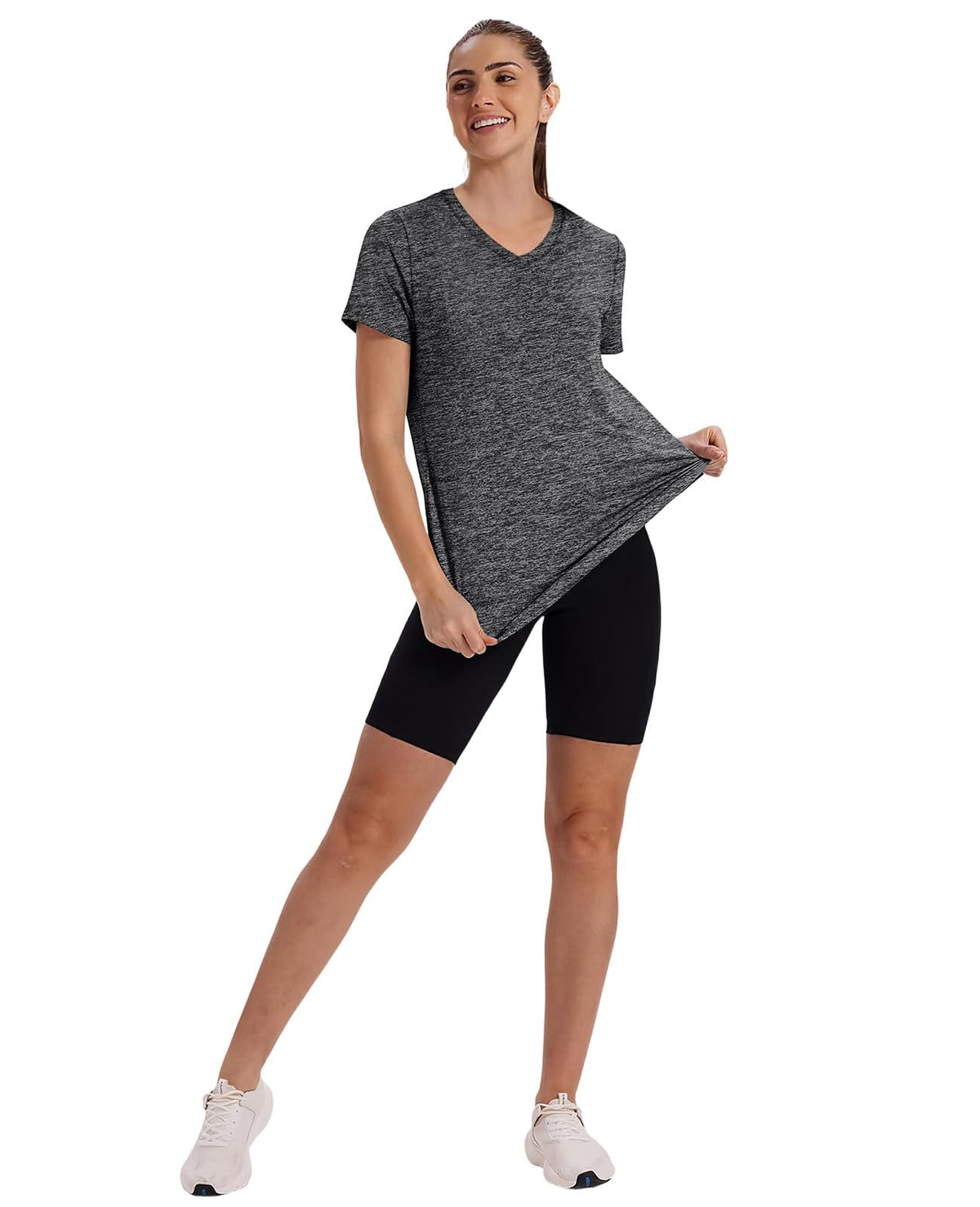 Short Sleeve Shirts for Women Workout Yoga Tops Sun Protection Clothing Summer Outfits Rash Guard Side Slit V Neck Dark Grey XL