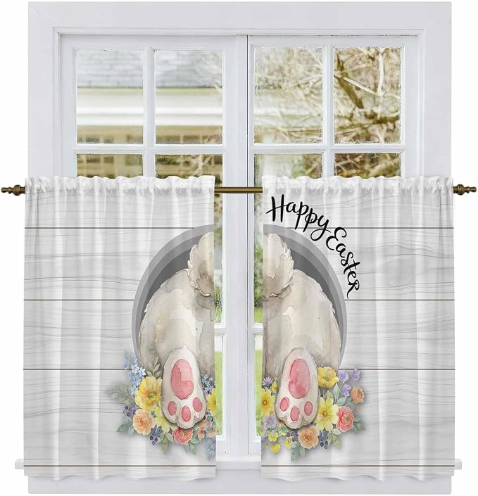 Easter Bunny Kitchen Curtains 45 Inch Long 2 Panel Set, Rod Pocket Window