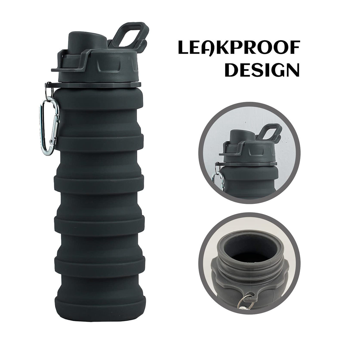 Collapsible Silicone Foldable Water Cup - 16oz BPA Free Reusable Water Bottle - Hiking Travel Sports Kids - Gray