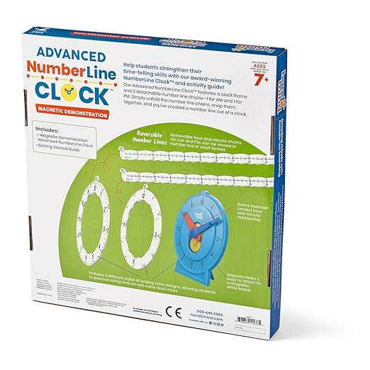 Hand2mind Advanced Magnetic NumberLine Clock for Demonstration, Math Manipulatives for Telling Time, Learning Clock, Teaching Supplies for Kids