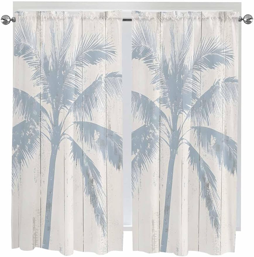 Summer Coconut Tree on Vintage Wood Grain Window Valance Curtains, Seaside