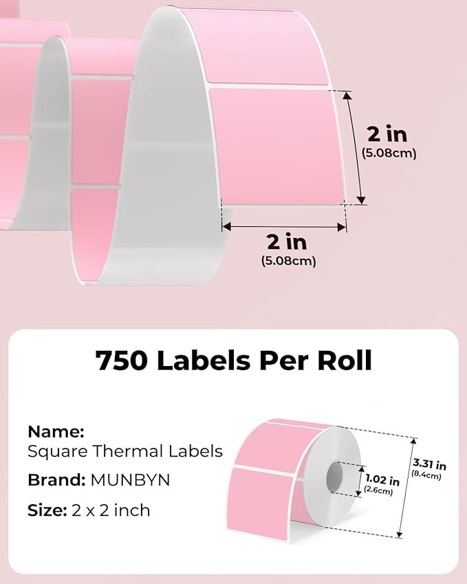MUNBYN 2"x2" Square Thermal Labels, Compatible with Multiple Thermal Printers, Strong Adhesive, White Address Labels for Barcode, 750 Sheets/Roll, Pink