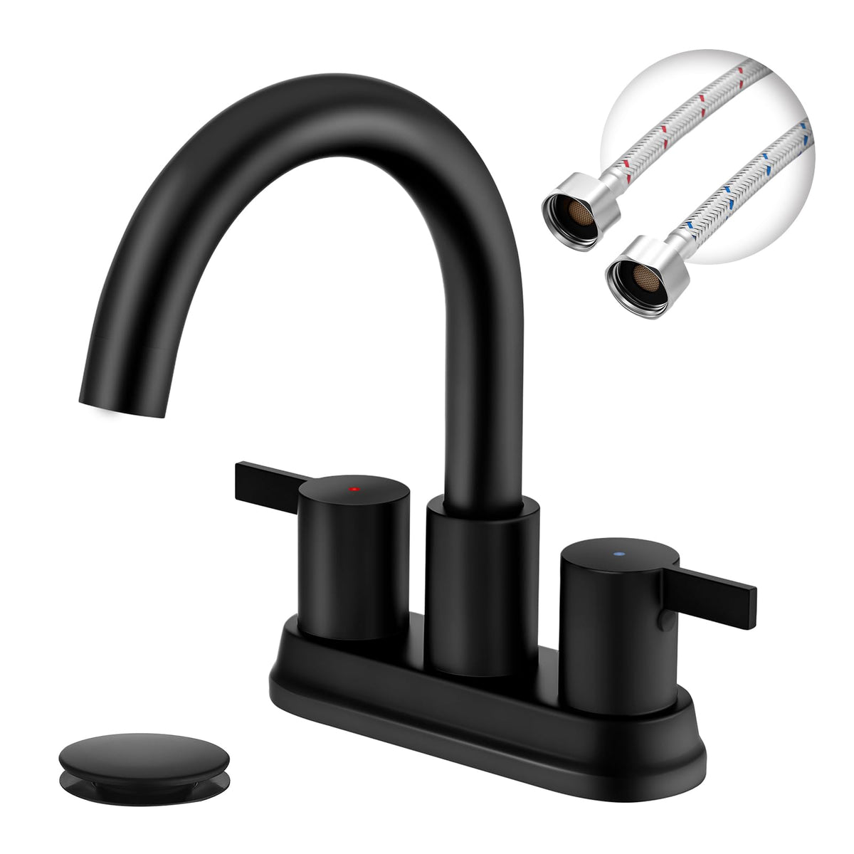 JAKARDA Two Handle 4 inch Black Bathroom Faucet, Bathroom Sink Faucet for 3 Holes with Pop-up Drain and 2 Supply Hoses, Lead-Free
