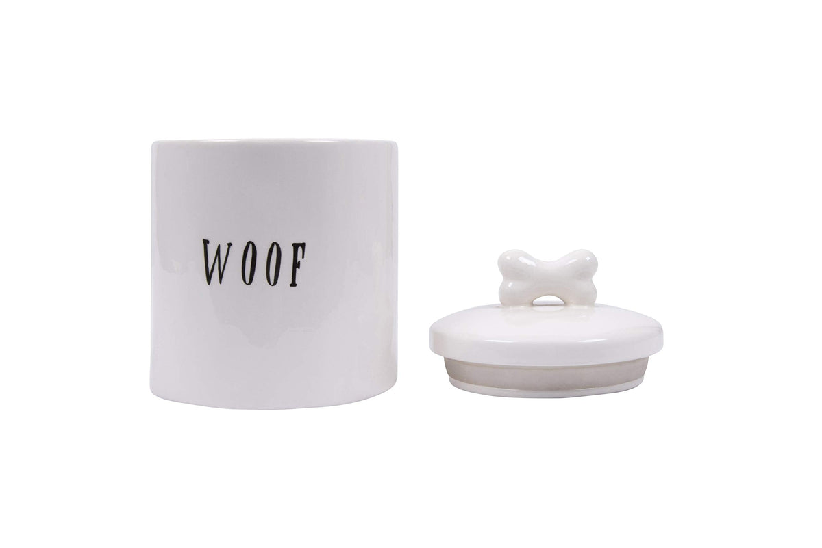 Creative Co-Op Ceramic Dog Treat Jar with Woof Message and Bone Handle Lid, White and Black