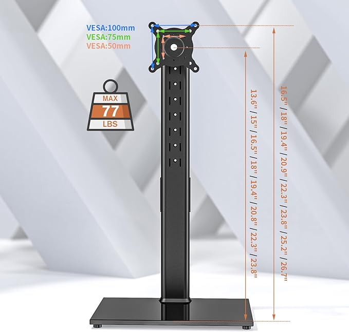 Single Monitor Stand Freestanding 27-43 Inch Monitor Arm Curved Screen Monitor Mount Tempered Glass Base Adjustable Motion Tilt -15° to 10° Swivel ±45° Rotation 360° Weight Capacity 77lbs HT05B-003