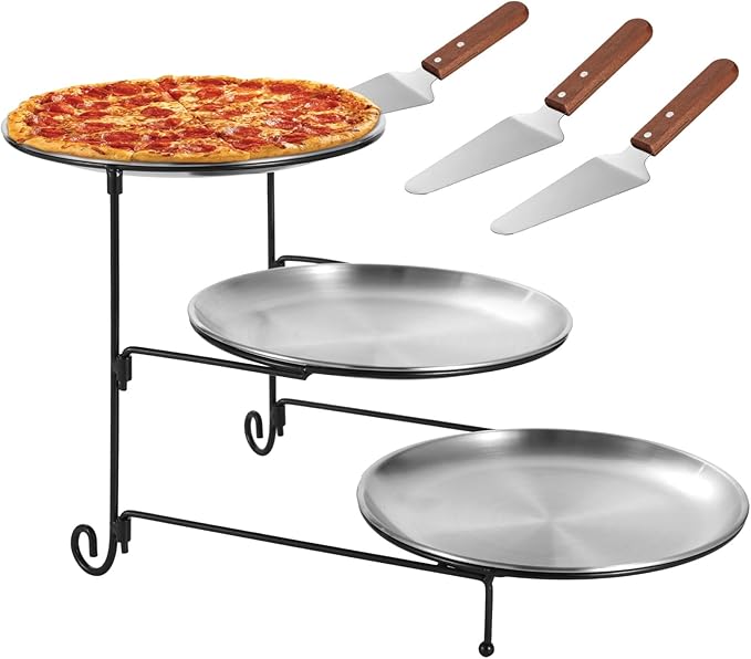 NIMBLOOM 7 Pcs Pizza Pan Riser Stands Sets, Including 3 Tier Dessert Stand with Stainless Steel Pizza Pans(7.87in), and 3 Cake Spatulas for Cakes, Desserts, Pizza, Appetizers