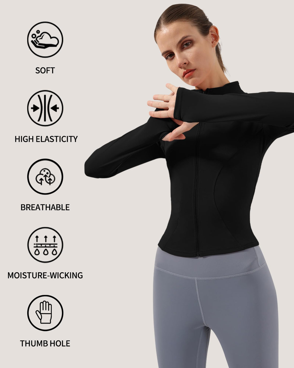 Locachy Women's Lightweight Stretchy Workout Full Zip Running Track Jacket with Thumb Holes Black S