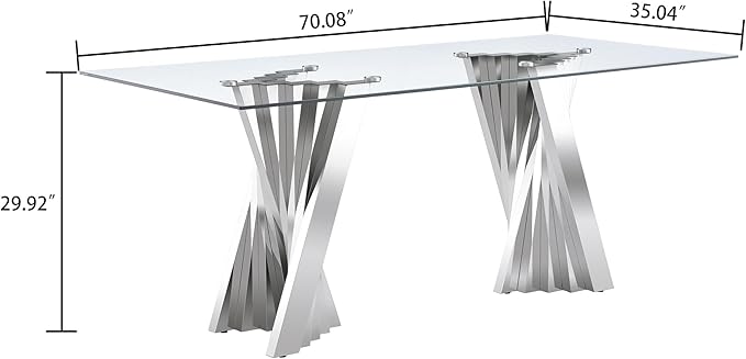 HomVent 70.08" Rectangular Clear Tempered Glass Dining Table,Stylish Design with Silver Stainless Steel Legs, Dining Table for Dining Room