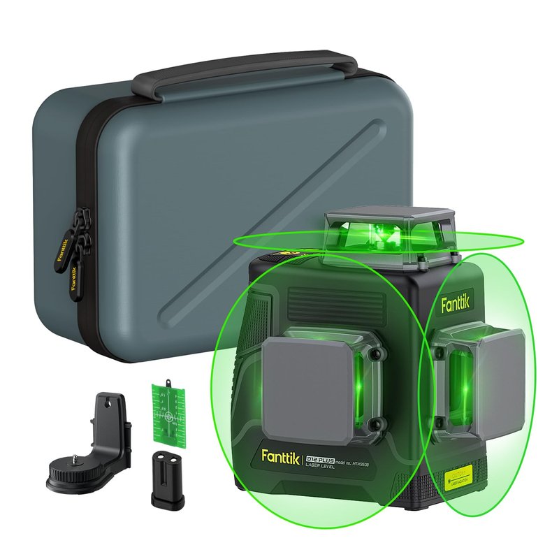 Fanttik D12 PLUS Laser Level Self Leveling 3 × 360°, 3D Green Cross Line, 5200 mAh Battery Rechargeable, Pulse Mode, Magnetic Bracket, Carrying Case, for Construction and Picture Hanging