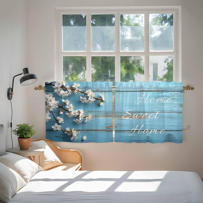 Farmhouse Wooden Grain Tier Curtains, Vintage Shabby Chic Flower Blue Light