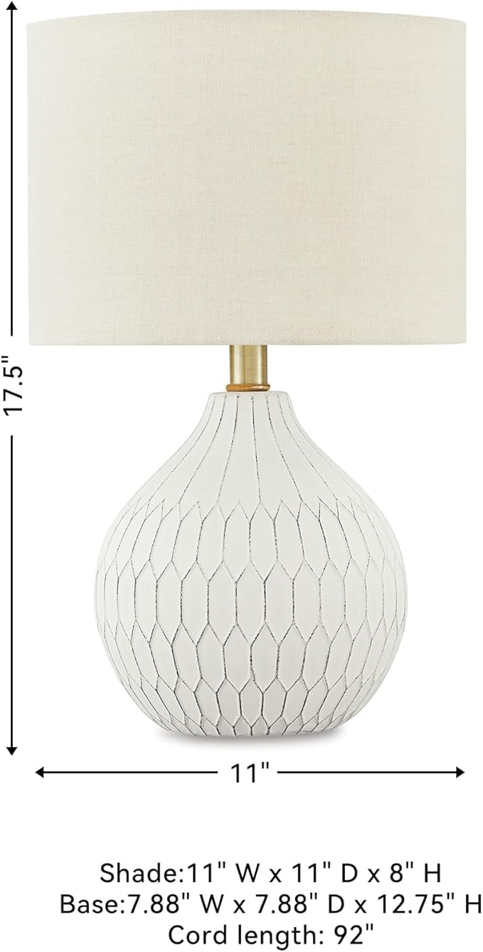 Signature Design by Ashley Wardmont Contemporary Modern Table Lamp with Drum Hardback Fabric Shade, On-Off Switch, Ceramic, 17.75" High, Antique White