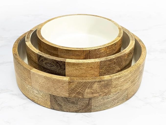 ARTISAN TOUCH Handcrafted Wooden Serving Bowls Set of 3 with White Inner – Solid Wood Salad Fruit Snack Bowls Food-Safe Finish