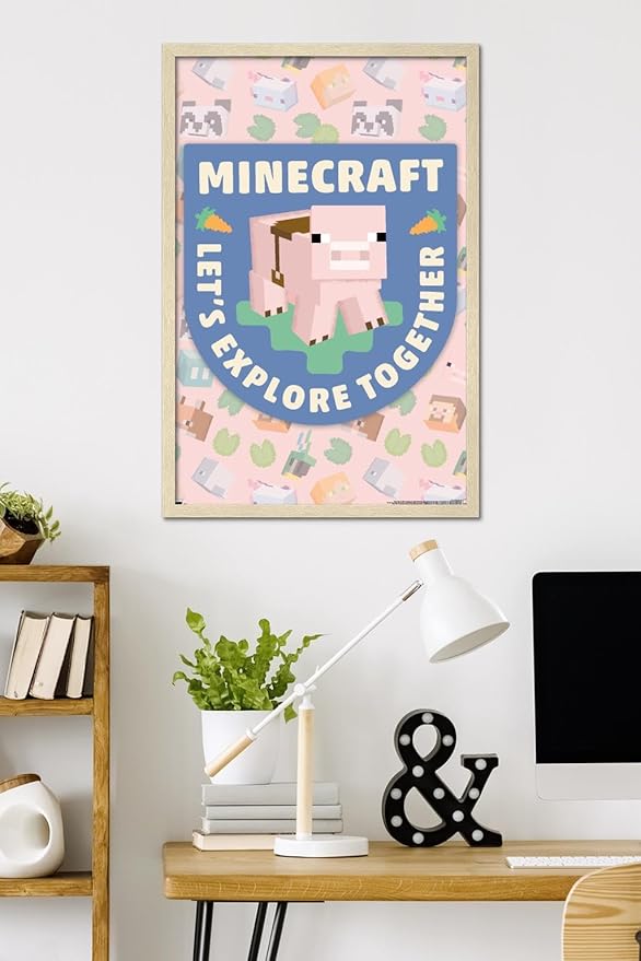 Trends International Minecraft - Let's Explore Together Wall Poster, 34L x 22.4W, Blonde Framed Version