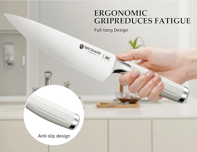 BRODARK Knife Set, 15PCS White Kitchen Knife Set with Block and Sharpener