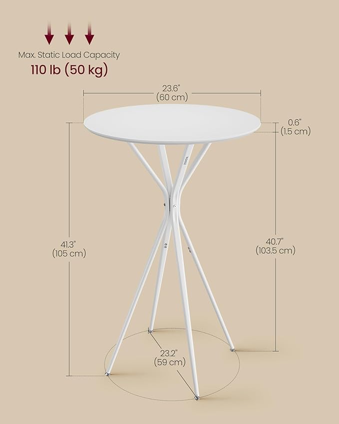 VASAGLE Bar Tables Set of 2, Round Cocktail High Top Pub Bistro Table for Events Party, Kitchen Dining, Home Bar, 23.6 x 23.6 x 41.3 Inches, Sturdy Metal Frame, Modern Style, Easy to Assemble, White