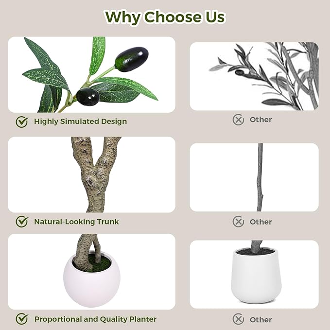 Artificial Olive Tree 8FT, Indoor Fake Silk Plant with Realistic Trunk, Leaves, Fruits and White Planter, Faux Potted Tree for Home Decor and Housewarming Gift, 1 Pack