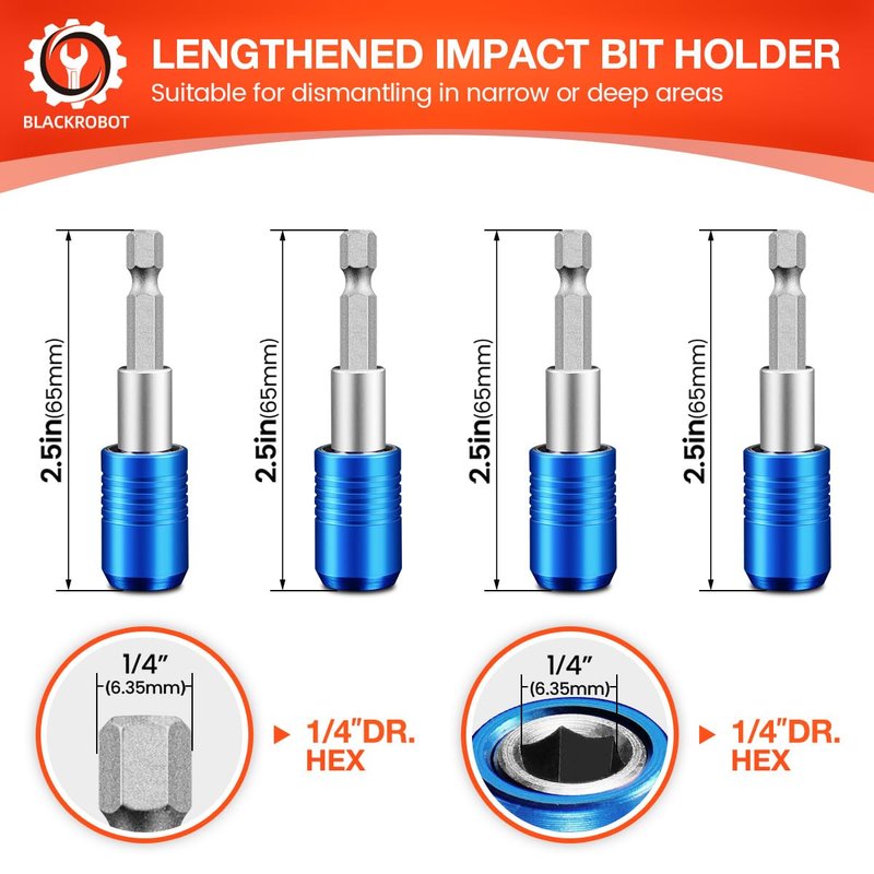 BLACKROBOT 4-Piece Magnetic Quick Change Impact Bit Holder, 2.5-Inch Drill Bit Extension for 1/4" Hex Drives, Ideal for Screwdriver Bits, Nuts, Drills and Socket Driver Adapters
