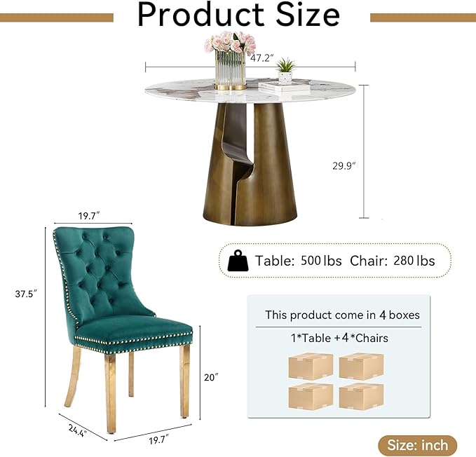 5-Piece Faux Marble Round Dining Table Set for 4, Modern Luxury Kitchen Table Set for 4 with Green Tufted Chairs,Circle Dining Tables with Pandora Grain Top and Bronze Pedestal Base