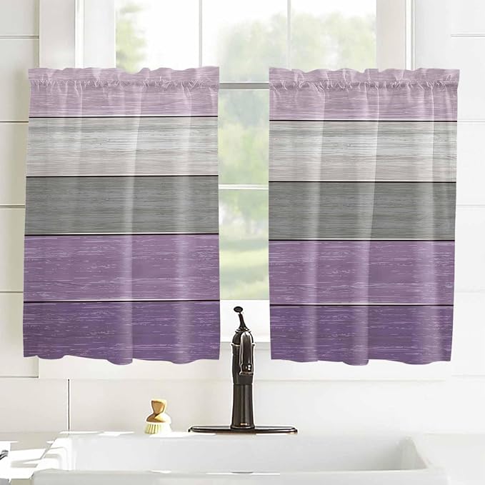 Country Wood Board Gray Purple Window Valance Curtains, Farmhouse Gradient