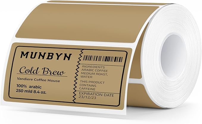 MUNBYN 4” X 2” Direct Thermal Labels, Thermal Printer Stickers, Strong Adhesive & Perforated Labels Paper for Barcode, Mailing, 500 Sheets/1 Roll, Brown