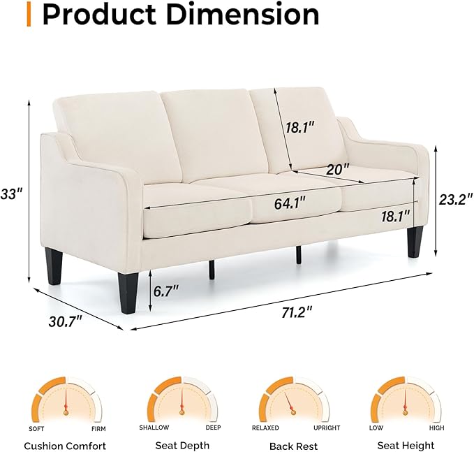 VINGLI Small Couch Sofa 71" Comfy Couches for Living Room Beige 3 Seat Sofa Couch Mid Century Modern Sofa Furniture Couches with Scooped Arms for Small Spaces, Bedroom, Apartment, Studio