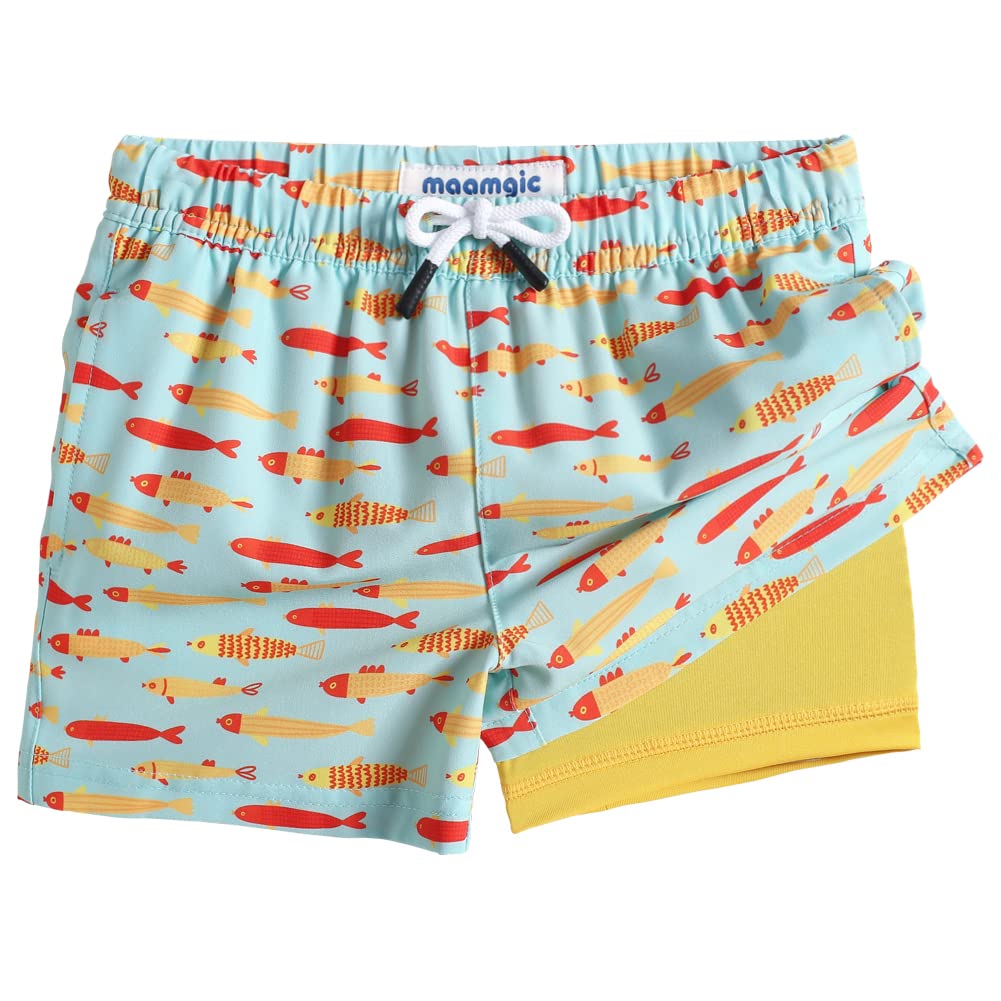 maamgic Boys Swim Trunks with Compression Liner Toddler Boy Swimsuit Quick Dry 4-Way Stretch Swimming Trunks Fishes Lake Green 14-16 Years