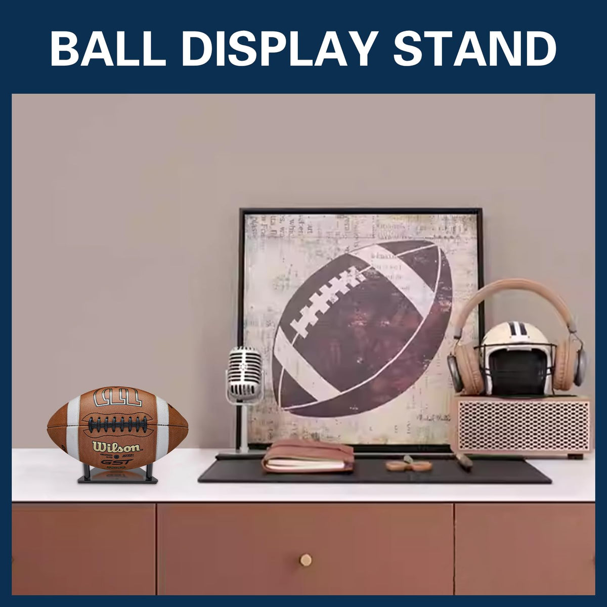 Frtrche Ball Display Stand with Anti-slip Mat, 1.3inch Pegs Acrylic Sleek Holder for Different Size Basketball, Soccer Ball, Football, Sturdy Memorabilia Display Case-Black