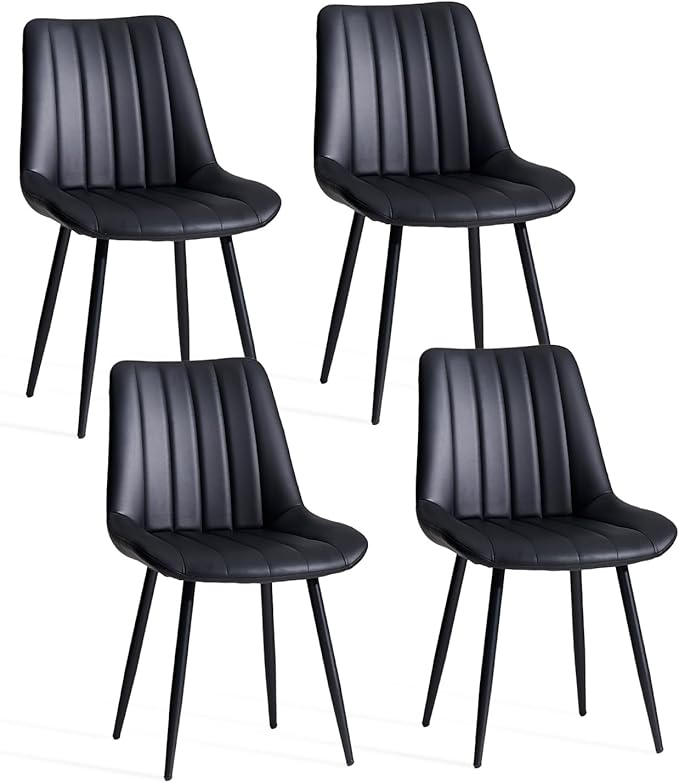 Dining Chairs Set of 4, Faux Leather Modern Linear Design Dining Chair with Metal Legs, 16.9" Seat Width Chair for Kitchen, Lounge, Reception Room, Restaurant, Commercial (Black)