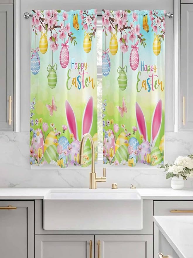 Easter Living Room Curtains 72 Inches length, Spring Bunny Colorful Rabbit Eggs