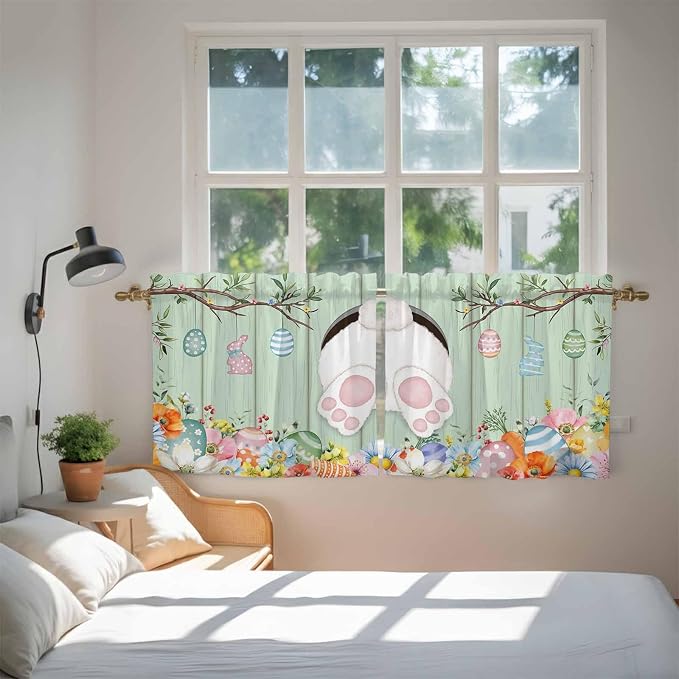 Easter Kitchen Tier Curtains 36 Inch Long 2 Panel Set, Rod Pocket Half Window