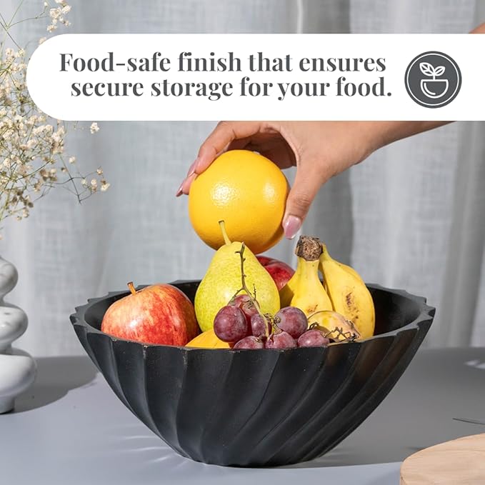 Folkulture Black Ribbed Salad Bowl | 11” Large Mango Wood Serving Bowl | Modern Wooden Bowl for Salad, Fruit & Pasta | Kitchen Island & Dining Table Décor