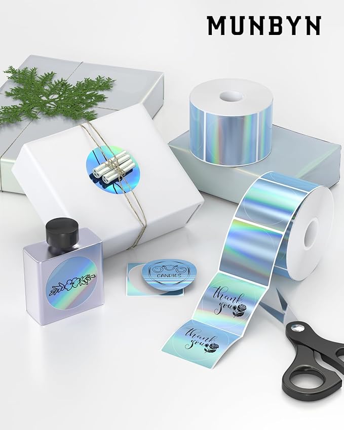 MUNBYN 2" Circle Holographic Thermal Label Stickers Blue, Round Printable Rainbow Glitter Thermal Printer Sticker Labels for Gift Wrapping, Self-Adhesive Name Price Tag DIY Custom Logo Design
