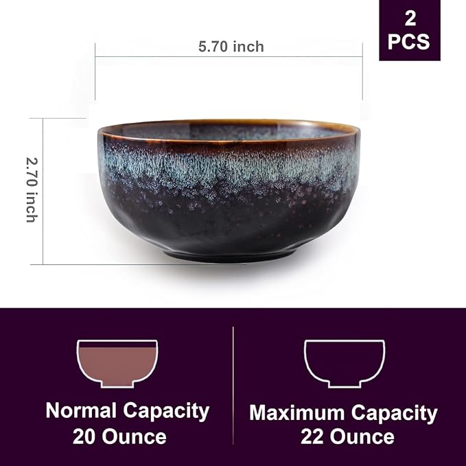 Serving Bowls - 22 Ounce Bowls Set - Ceramic Bowl Set of 2-5.75 inch Salad Bowls - Soup Bowls - Cereal Bowls for Kitchen, Speckled Black Purple