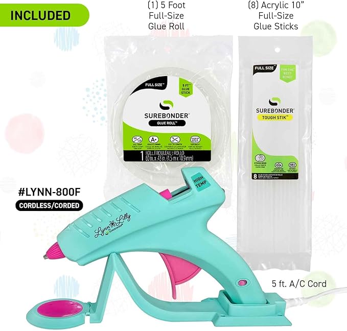 Surebonder Lynn Lilly Edition Cordless/Corded Full Size Hot Glue Gun Kit with All Purpose Hot Glue Roll and Tough High Strength Glue Sticks - Blue