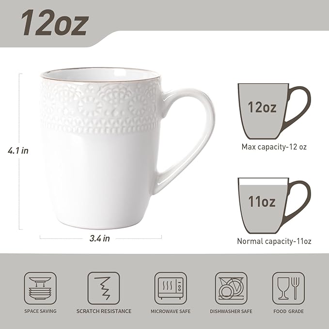 famiware Coffee Mugs Sets for 4, Eden 12 oz Mug Set, Coffee Cups with Handle for Coffee, Tea, Cocoa and Milk, Microwave and Dishwasher Safe, White Floral