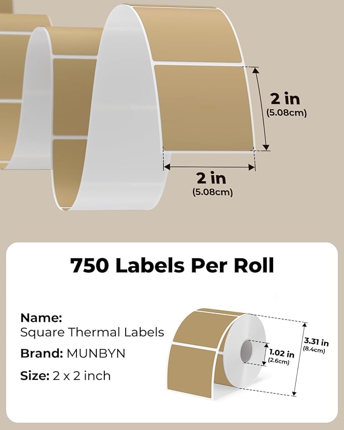 MUNBYN 2"x2" Square Thermal Labels, Compatible with Multiple Thermal Printers, Strong Adhesive, White Address Labels for Barcode, 750 Sheets/Roll, Brown