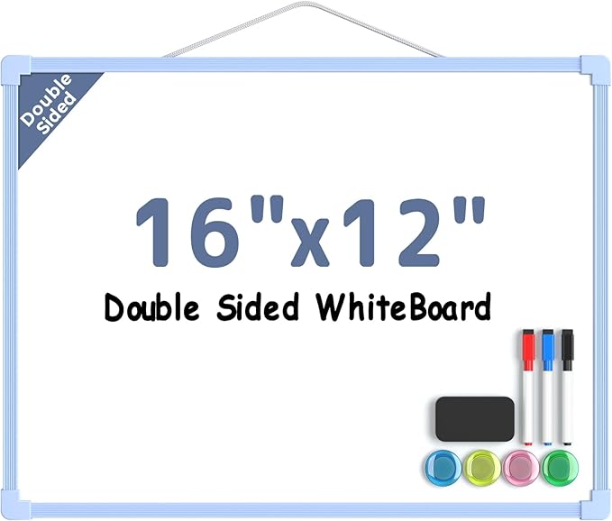 MaxGear Double-Sided Dry Erase Board for Wall, 16"x12" Hanging Whiteboard, Small Dry Erase White Board kit, Portable Whiteboard for Planning, Drawing, Memo, to Do List, Blue Frame