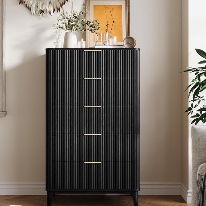 Fluted Dresser for Bedroom with 5 Drawers Set of 2, 45" Large Closet Clothes Wood Tall Dresser Storage Organizer, Mid Century Modern Chest of Drawers with Deep Storage Black