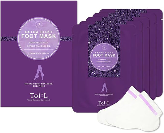 Extra Silky Foot Mask 5 Pairs, Post-Peeling Foot Care Treatment, Moisturizing Socks with Guerande Salt & Sweet Almond Oil for Dry Feet, Cracked Heels, and Callus