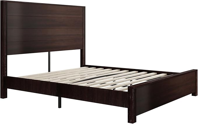 AMERLIFE Queen Size Bed Frame with 51.2" Spliced Headboard, Rustic Bedframe Wood Platform Bed/Wood Slats Support, No Box Spring Needed, Noiseless, Dark Brown