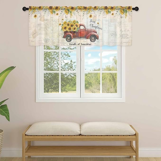 Farmhouses Sunflowers Sheer Valance Curtains, Retro Floral Leaves Red Truck