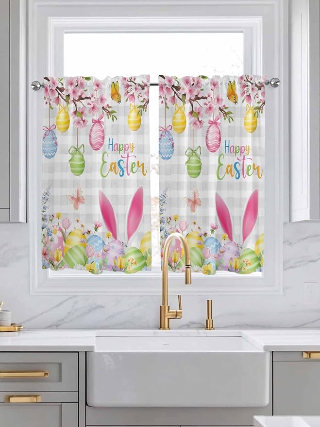 Happy Easter Kitchen Curtains 45 Inches length, Spring Watercolor Bunny Eggs