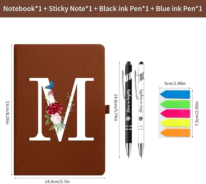 Premium Hardcover Executive Notebook and Pen Set - A5 Journal Notebook 192 Line Pages, 2 Smooth-Writing Ballpoint Pens, Arrow Sticky Notes - For Office School Supplies Letter S Floral Design DeepBlue
