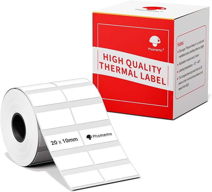 Phomemo M110 Labels, 20 x 10mm(3/8" X3/4") for M110/M220/M221/M100/M120 Label Printer, Thermal Labels Multipurpose Self-Adhesive for Barcode, Price Sticker, Black on White