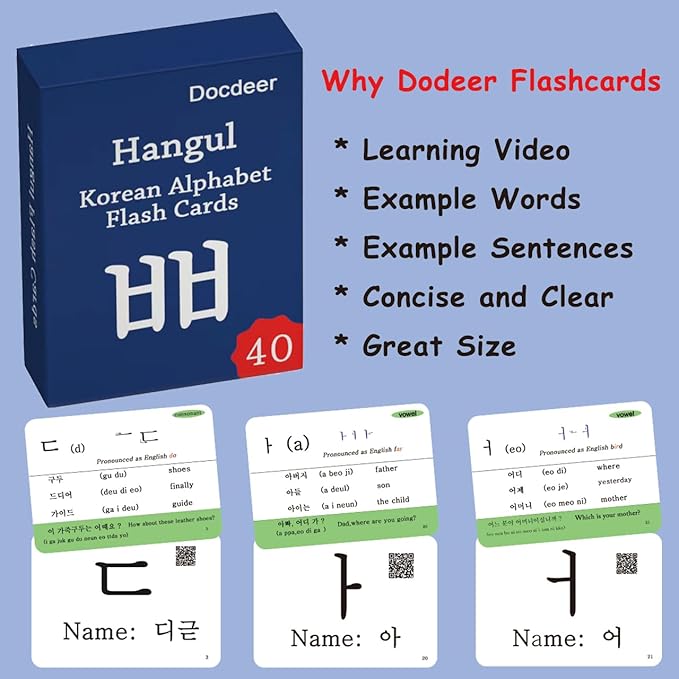 Hangul Korean Alphabet Syllabary Flash Cards for Beginners & Adults - Korean Educational Learning Flash Cards - Learning Video with Pure Pronunciation - Example Sentence & Words