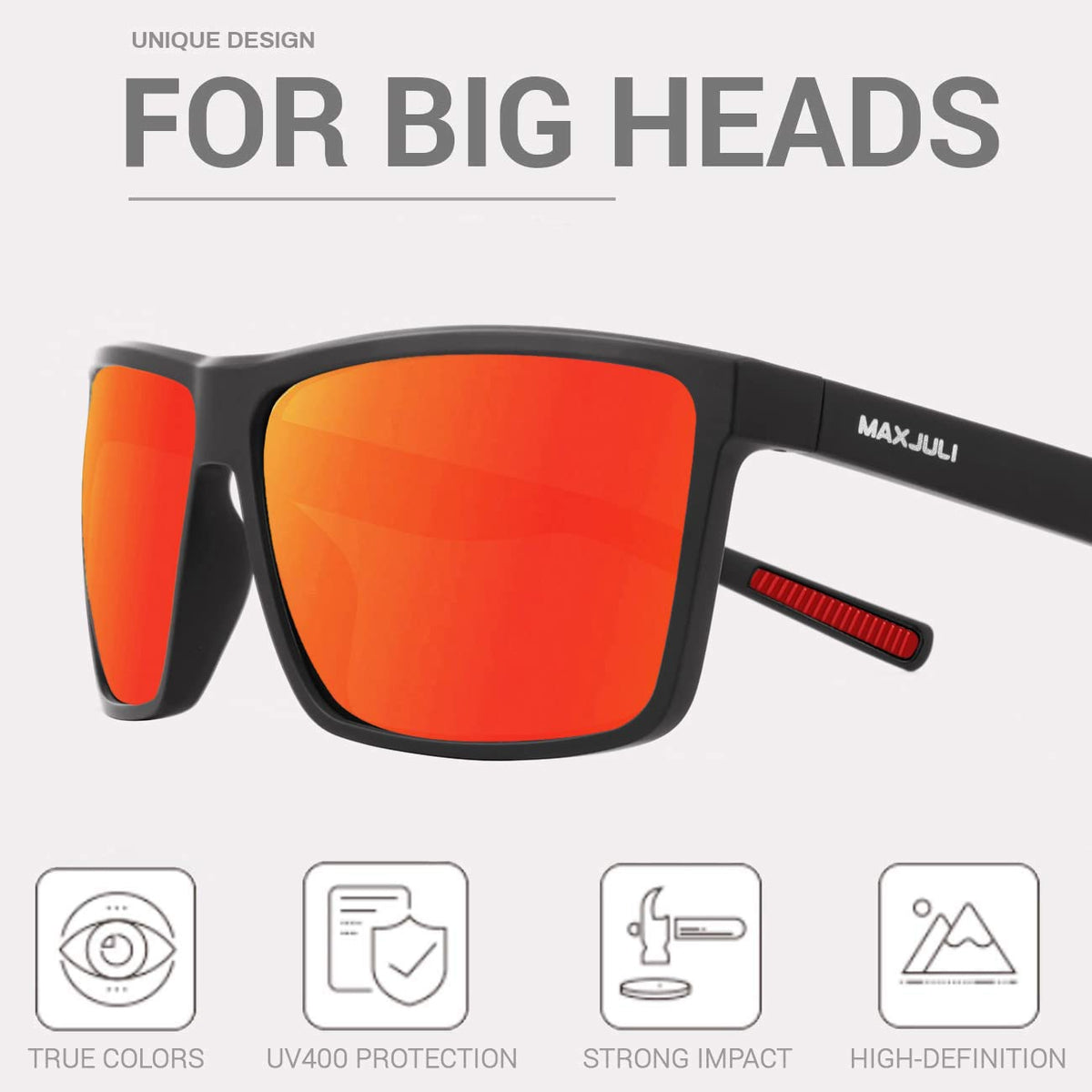 MAXJULI Polarized Big Sunglasses for Men Women with Big Heads UV 400 Protection (fit M/L size) Black/Red