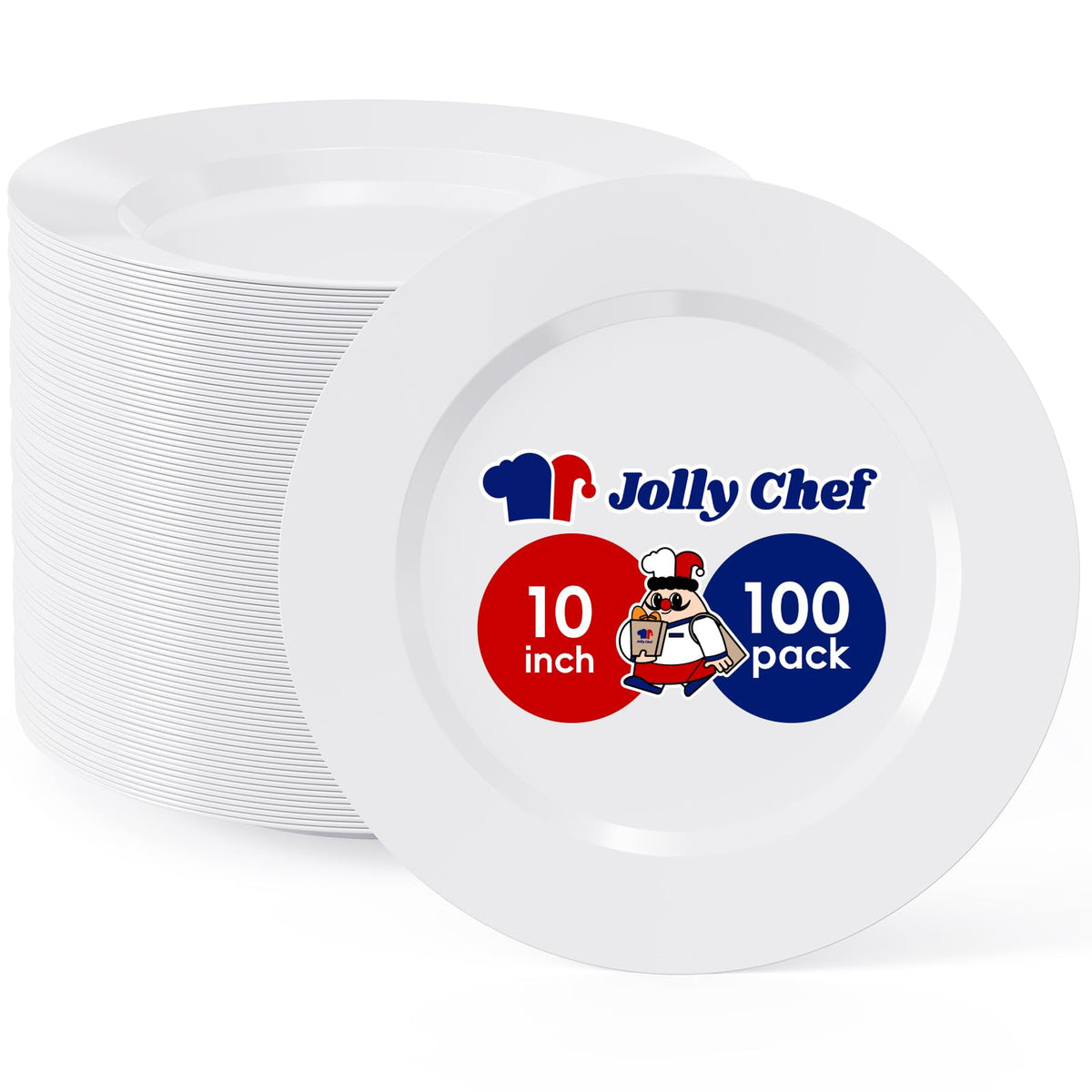 JOLLY CHEF 100 Pieces Gold Plastic Plates, 10 Inch Elegant Disposable Dinner White with Gold Rim, Disposable Plastic Plates for Christmas, Birthdays and Weddings