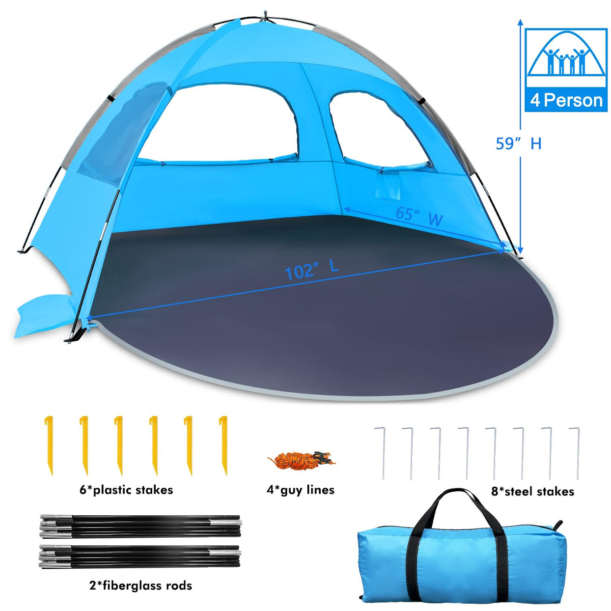 WhiteFang Beach Tent Anti-UV Portable Sun Shade Shelter for 4 Person, Extendable Floor with 3 Ventilating Mesh Windows Plus Carrying Bag, Stakes and Guy Lines (Blue)